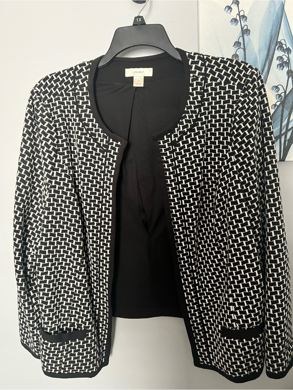 CJ Banks Black & White Patterned Open-Front Blazer